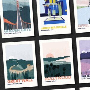 May include: A set of 10 illustrated postcards featuring famous landmarks and locations around the world. The postcards are printed on white cardstock with a textured finish. Each postcard features a colorful illustration of the landmark or location, along with the name of the landmark or location and its location. The postcards are perfect for sending to friends and family or for adding a touch of travel inspiration to your home.