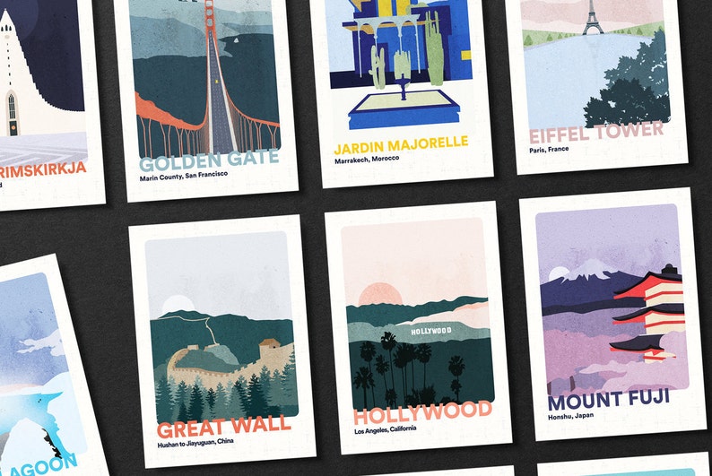 May include: A set of 10 illustrated postcards featuring famous landmarks and locations around the world. The postcards are printed on white cardstock with a textured finish. Each postcard features a colorful illustration of the landmark or location, along with the name of the landmark or location and its location. The postcards are perfect for sending to friends and family or for adding a touch of travel inspiration to your home.