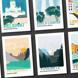May include: A set of 10 illustrated postcards featuring various landmarks and locations around the world. The postcards are printed on white cardstock with a textured finish. The illustrations are colorful and stylized, with a focus on geometric shapes and patterns. The postcards include images of Helsinki Cathedral, the Petronas Towers, Lisbon, the Opera House in Oslo, Patagonia, Yosemite National Park, Venice, the Grand Canyon, and more.