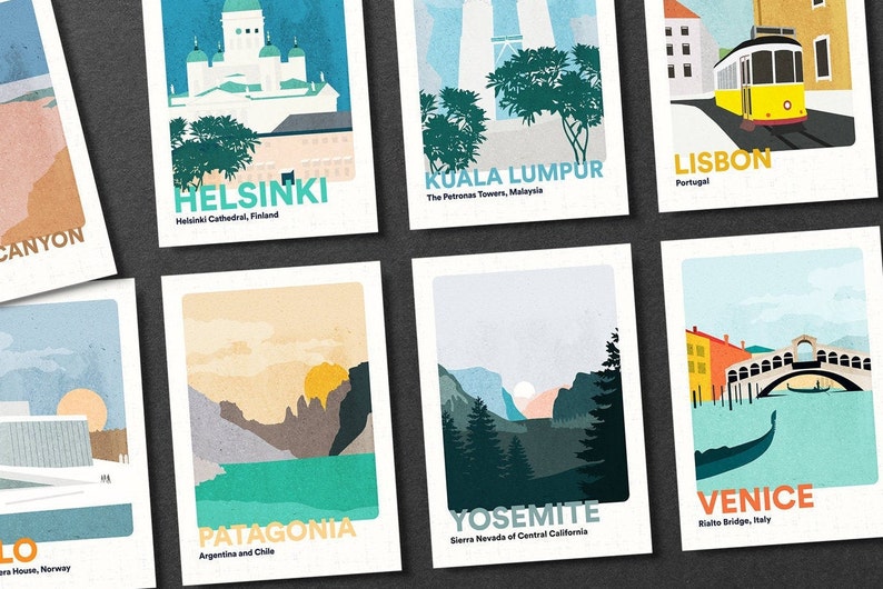 May include: A set of 10 illustrated postcards featuring various landmarks and locations around the world. The postcards are printed on white cardstock with a textured finish. The illustrations are colorful and stylized, with a focus on geometric shapes and patterns. The postcards include images of Helsinki Cathedral, the Petronas Towers, Lisbon, the Opera House in Oslo, Patagonia, Yosemite National Park, Venice, the Grand Canyon, and more.