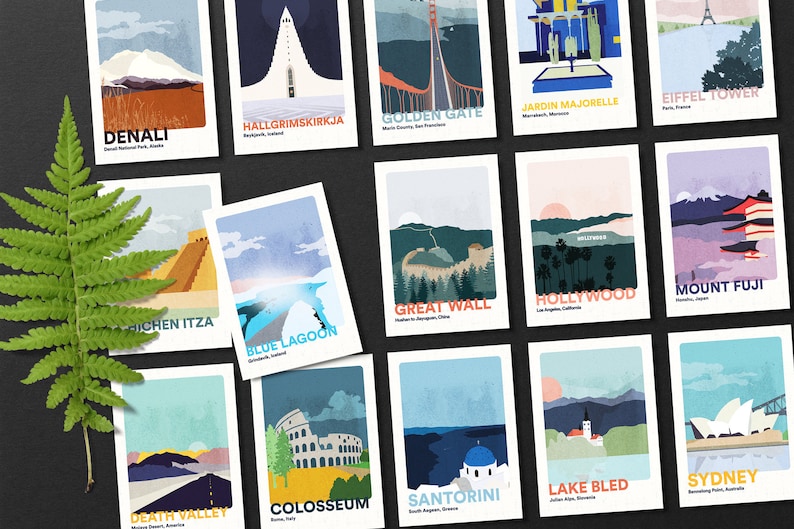 May include: A set of 15 illustrated postcards featuring famous landmarks and locations around the world. Each postcard features a colorful, stylized illustration of the landmark, along with its name and location. The postcards are arranged in a grid pattern on a black surface.