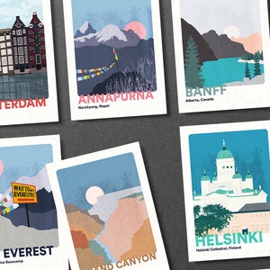 May include: A set of ten illustrated postcards featuring various landmarks and destinations around the world. The postcards are printed on white cardstock with a textured finish. Each postcard features a colorful illustration of a famous landmark, such as the Brandenburg Gate in Berlin, the Eiffel Tower in Paris, and the Taj Mahal in India. The postcards also include the name of the landmark and its location.