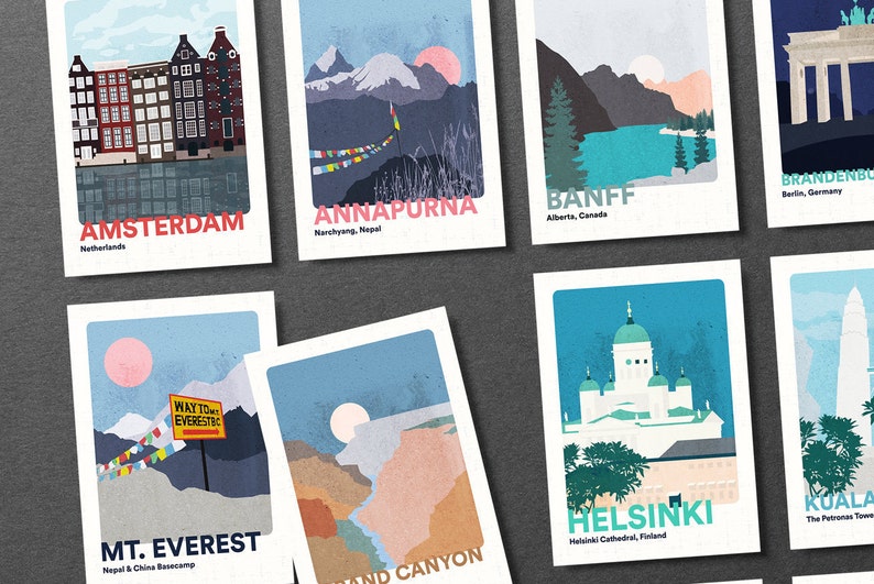 May include: A set of ten illustrated postcards featuring various landmarks and destinations around the world. The postcards are printed on white cardstock with a textured finish. Each postcard features a colorful illustration of a famous landmark, such as the Brandenburg Gate in Berlin, the Eiffel Tower in Paris, and the Taj Mahal in India. The postcards also include the name of the landmark and its location.