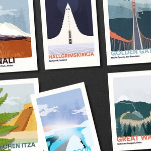 May include: A set of colorful illustrated postcards featuring various landmarks around the world. The postcards feature illustrations of Denali National Park, Hallgr&iacute;mskirkja church in Reykjavik, Iceland, the Golden Gate Bridge in San Francisco, Chichen Itza in Mexico, the Great Wall of China, and the Hollywood sign in Los Angeles.