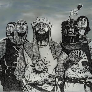 May include: Black and white illustration of five knights in armor. The knights are wearing chainmail and helmets. The knight in the center is wearing a crown and has a sun with a face on his chest. The knights are standing in front of a cloudy sky.