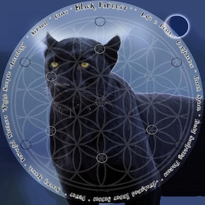 May include: A black panther with yellow eyes is superimposed on a blue background with a flower of life pattern. The image is surrounded by text that reads "Sensual Drive Black Panther Life & Death Confidence Earth Spirit Body Sculpting Fitness Awakened Inner Senses Power Strong Speech Powerful Mothers Night Scorpio Astrology".
