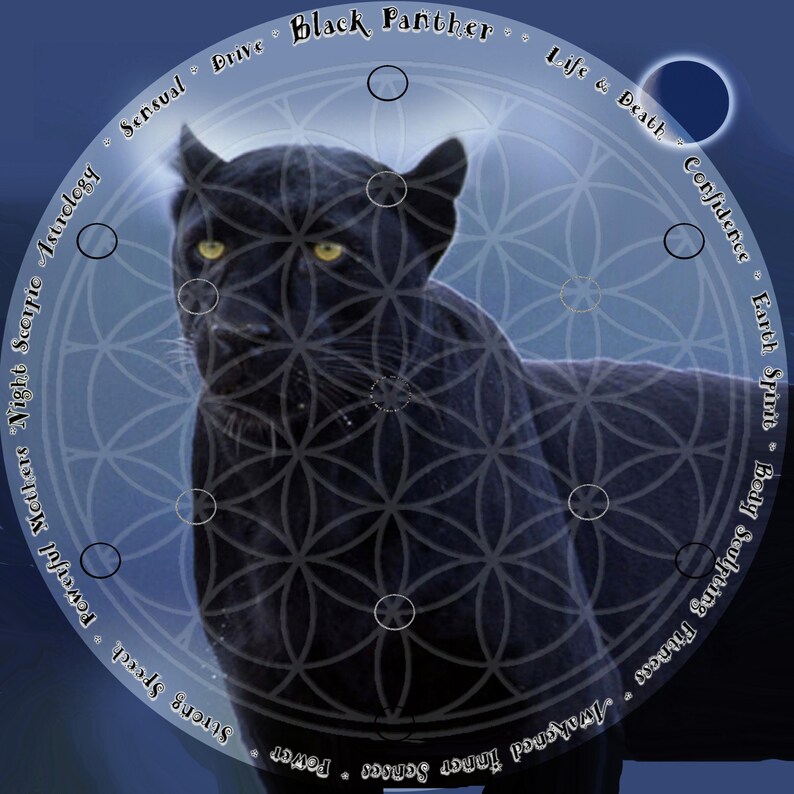 May include: A black panther with yellow eyes is superimposed on a blue background with a flower of life pattern. The image is surrounded by text that reads "Sensual Drive Black Panther Life & Death Confidence Earth Spirit Body Sculpting Fitness Awakened Inner Senses Power Strong Speech Powerful Mothers Night Scorpio Astrology".