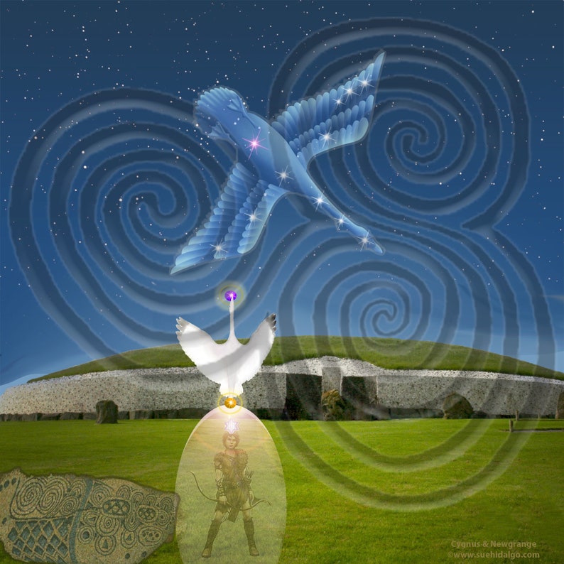 Puede incluir: Un p&aacute;jaro estilizado azul y blanco con estrellas, un p&aacute;jaro blanco con una corona morada y una persona con arco y flecha frente a una estructura de piedra. La imagen est&aacute; sobre un fondo de cielo azul con estrellas blancas.