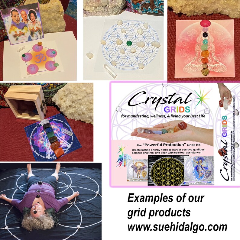 Puede incluir: Una tarjeta rosa y blanca con la palabra "Om" en el centro rodeada de siete cristales coloridos. La tarjeta est&aacute; sobre una superficie rosa con un borde blanco. Las palabras "Crystal Grids" est&aacute;n escritas en rosa y blanco sobre un fondo rosa. El texto "for manifesting, wellness, & living your Best Life" est&aacute; escrito en blanco sobre un fondo rosa. El texto "The "Powerful Protection" Grids Kit" est&aacute; escrito en blanco sobre un fondo rosa. El texto "Create lasting energy fields to attract positive qualities, balance chakras, and align with spiritual assistance!" est&aacute; escrito en blanco sobre un fondo rosa. El texto "Examples of our grid products" est&aacute; escrito en blanco sobre un fondo rosa. El texto "www.suehidalgo.com" est&aacute; escrito en blanco sobre un fondo rosa.