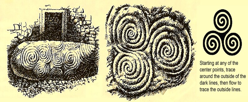 Puede incluir: Una ilustraci&oacute;n en blanco y negro de un dise&ntilde;o en espiral. El dise&ntilde;o est&aacute; formado por tres espirales entrelazadas. El texto debajo de la imagen dice: "Comenzando en cualquiera de los puntos centrales, traza alrededor del exterior de las l&iacute;neas oscuras, luego fluye para trazar las l&iacute;neas exteriores."