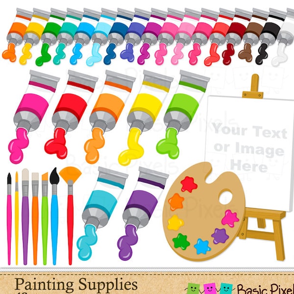 Painting Supplies - Digital Clip Art - Paints and Brushes- Art Party - Personal and commercial use