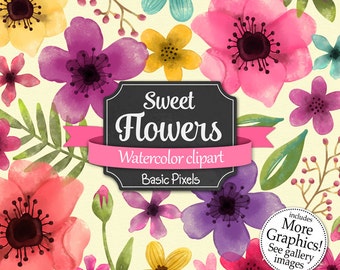 Sweet Flowers clipart- Watercolor clip art - Clipart for Personal and commercial use