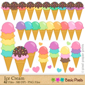 Peut inclure: Un ensemble de 42 images clipart num&eacute;riques de cornets de glace de diff&eacute;rentes couleurs et saveurs. Les cornets sont de diff&eacute;rentes tailles et formes, y compris des cornets &agrave; une boule, des cornets &agrave; deux boules et des cornets &agrave; trois boules. La glace est de diff&eacute;rentes couleurs, notamment rose, bleu, vert, jaune et orange. La glace est garnie de p&eacute;pites et de sauce au chocolat.