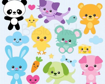 Colorful Kawaii animals clipart - Digital Clip Art - Cute Animal Graphics - Personal and Commercial Use