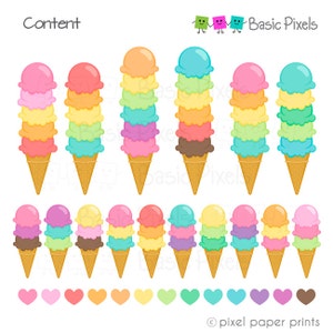 Peut inclure: Ensemble de 18 images clipart num&eacute;riques de cornets de glace avec diff&eacute;rentes combinaisons de couleurs de boules. Les couleurs incluent le rose, l'orange, le jaune, le vert, le bleu, le violet et le marron. Les cornets sont tous de la m&ecirc;me forme et de la m&ecirc;me taille. L'image comprend &eacute;galement une rang&eacute;e de c&oelig;urs dans les m&ecirc;mes couleurs que les boules de glace.