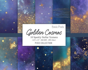 Golden Cosmos Digital Papers - Space Backgrounds - Stars texture - Galaxy Pattern - Glitter and Gold- Personal and commercial