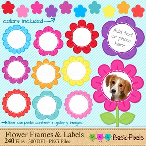 May include: A digital graphic featuring colorful flower frames and labels. The image includes various flower designs in red, pink, purple, blue, orange, and yellow, with space for text or photos. The text "Flower Frames & Labels" is displayed.