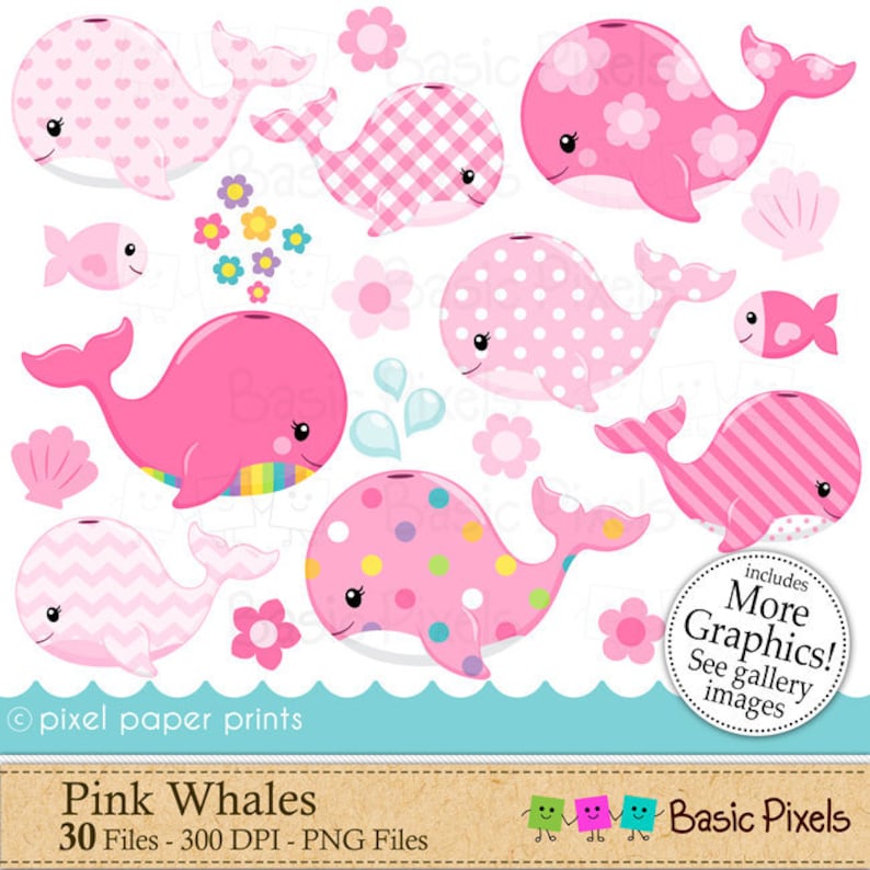 May include: A set of 30 digital clip art images of pink whales with various patterns, including polka dots, stripes, gingham, and hearts. The images are perfect for crafting projects, scrapbooking, and digital design.