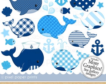 Nautical Whales clipart- Digital Clip Art - Personal and commercial use