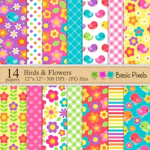 Birds and Flowers Digital Papers - Patterns - Backgrounds - Personal and commercial use