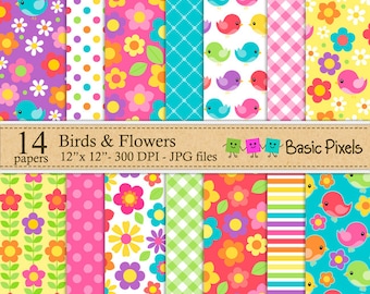 Birds and Flowers Digital Papers - Patterns - Backgrounds - Personal and commercial use