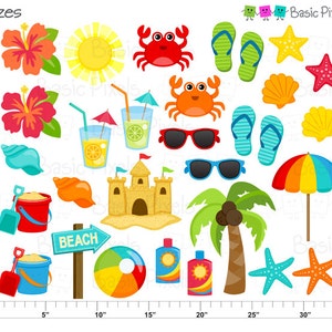 May include: A set of 16 colourful beach-themed digital clipart images, including a red crab, a yellow sun, a blue beach umbrella, a green palm tree, a sandcastle, a beach ball, a red and white striped beach towel, a pair of flip-flops, a seashell, a starfish, a bucket and spade, a glass of lemonade, sunglasses, and a hibiscus flower.