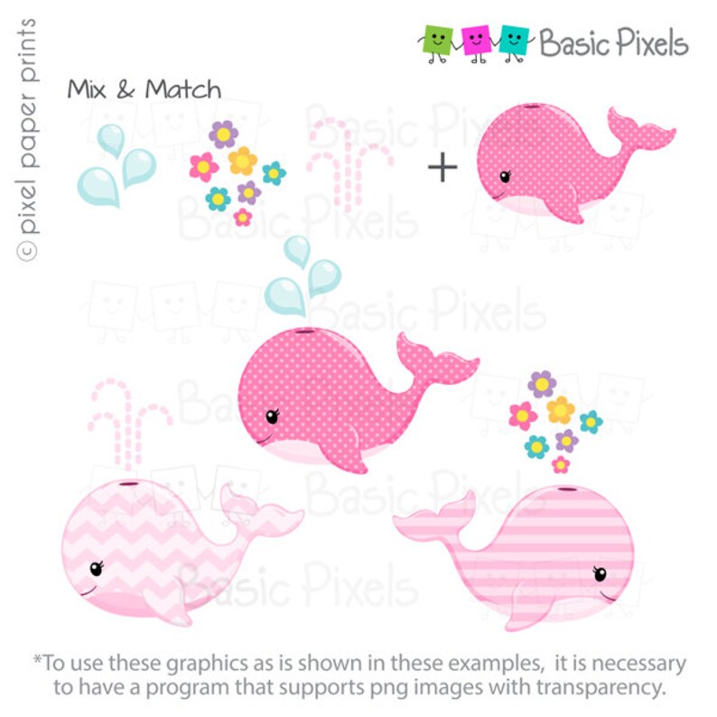 May include: A set of digital clipart images featuring pink whales with different patterns, including polka dots, stripes, and chevron. The images also include water spouts and a cluster of colorful flowers.