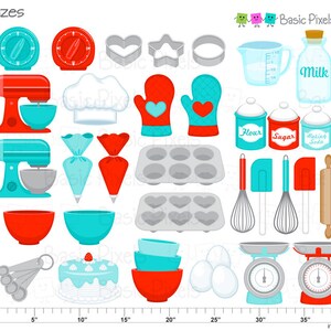 Puede incluir: Un conjunto de 24 im&aacute;genes de clipart con tem&aacute;tica de reposter&iacute;a y cocina en rojo, azul y blanco. Las im&aacute;genes incluyen una batidora, tazas medidoras, un rodillo, un batidor, un pastel, un gorro de chef y m&aacute;s. Las im&aacute;genes tienen un tama&ntilde;o de 5 a 30 pulgadas.