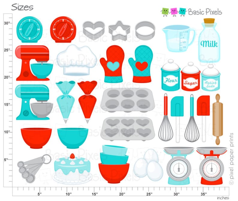 Puede incluir: Un conjunto de 24 im&aacute;genes de clipart con tem&aacute;tica de reposter&iacute;a y cocina en rojo, azul y blanco. Las im&aacute;genes incluyen una batidora, tazas medidoras, un rodillo, un batidor, un pastel, un gorro de chef y m&aacute;s. Las im&aacute;genes tienen un tama&ntilde;o de 5 a 30 pulgadas.