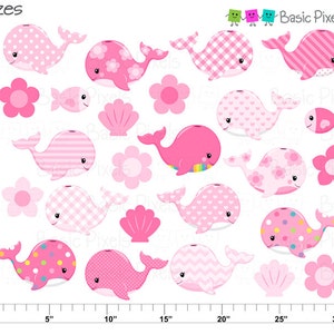 May include: A set of 12 pink whale illustrations with various patterns, including polka dots, stripes, gingham, and hearts. The whales are in different sizes and poses, with some facing left and others facing right. There are also pink flowers, seashells, and a fish.