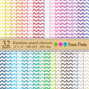 Op de afbeelding: Een set van 32 digitale papieren met een regenboog chevron-patroon in pastelkleuren. Elk papier is 30,48 cm bij 30,48 cm en 300 DPI. De papieren zijn in JPG-formaat.