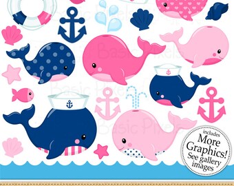 Nautical pink whales clipart- Digital Clip Art - Personal and commercial use