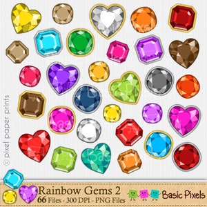 Puede incluir: Un conjunto de 30 imágenes de clip art de gemas coloridas en varias formas, incluyendo corazones, cuadrados y octógonos. Las gemas son en tonos de rojo, naranja, amarillo, verde, azul, morado y marrón. La imagen incluye el texto "Rainbow Gems 2" y "66 Archivos - 300 DPI - Archivos PNG".