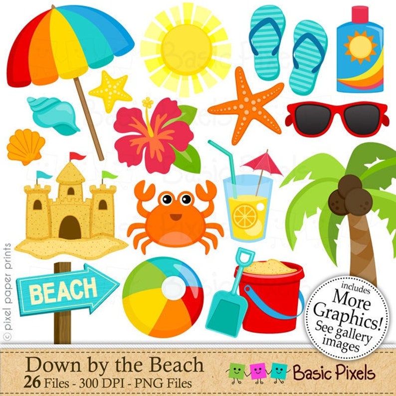 May include: A set of 26 colourful beach-themed clipart images, including a beach umbrella, a starfish, sunglasses, a crab, a beach ball, a sandcastle, a palm tree, a beach sign, a bucket and spade, and a glass of lemonade. The images are perfect for creating invitations, cards, scrapbook pages, and other crafts.