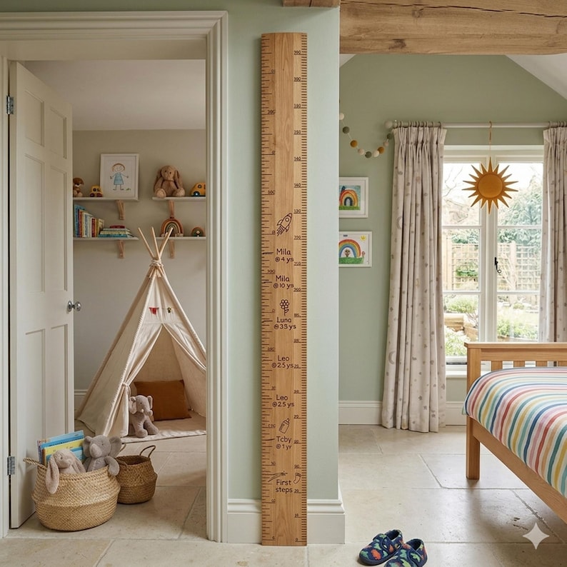 May include: A wooden growth chart with engraved markings and names, mounted on a light green wall. The chart features a rocket, flower, and other illustrations. Measurements are in inches. The room includes a teepee, toys, and a bed.
