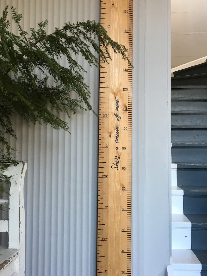 May include: A wooden growth chart with inch and foot markings, and the phrase "She's a cousin of mine" in cursive. The chart is light brown and mounted on a light gray wall. Green foliage is visible on the left side of the image.