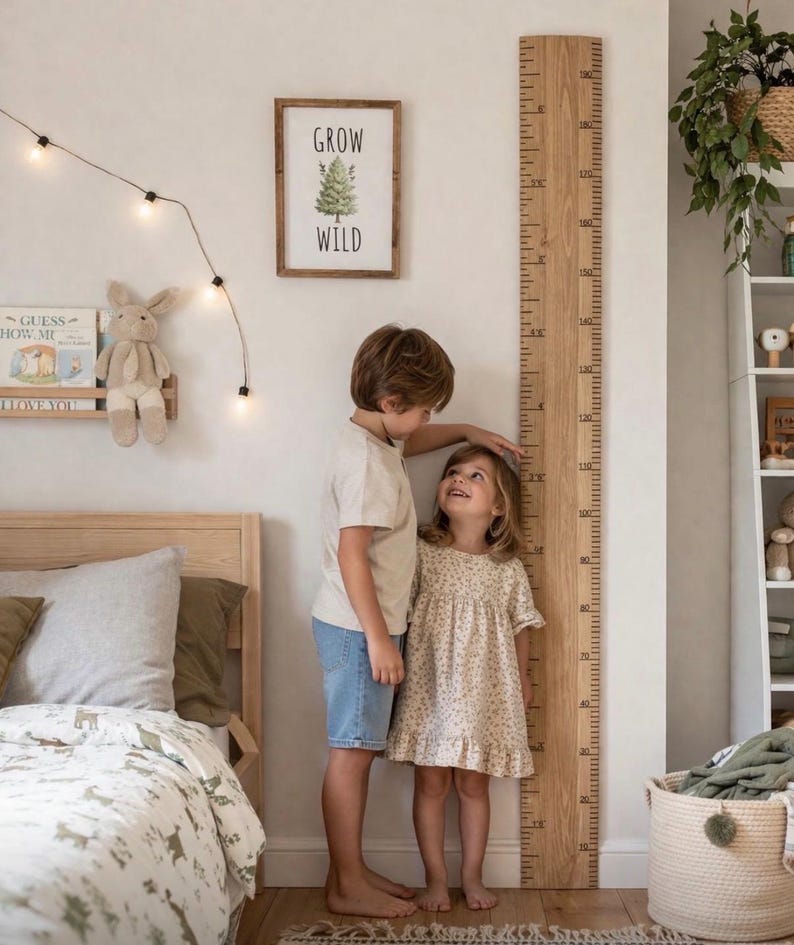 May include: A wooden growth chart with inch markings, next to two children. The chart is mounted on a white wall, with a framed print that reads "Grow Wild". The children are standing next to the chart, one measuring the other's height.