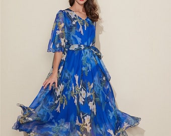 blue and white chiffon dress