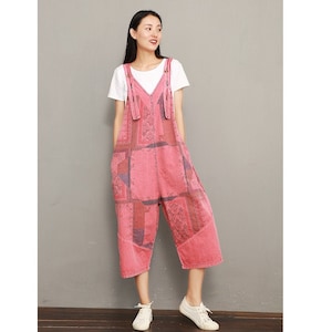 Women Casual Linen Jumpsuits Overalls Pants With Pockets Vintage Cotton Harem Pants