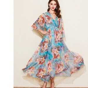 Women Haze Blue Floral Solid Chiffon Maxi Dresses