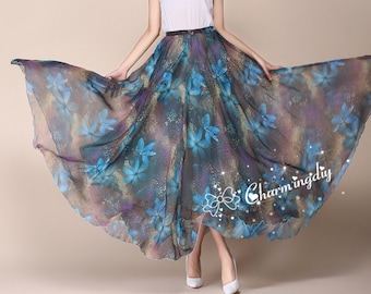 Blauer Chiffon Maxirock mit Blumenmuster: Sommer-Strand-Sommerkleid