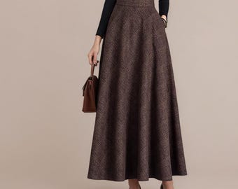 Coffee Grid Wool Maxi Skirt: Custom Size Party Dress