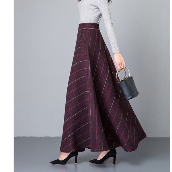 Dark Red Grid Wool Skirt Long Woolen Wool Party Skirt Evening Wedding Big Hem Dress Women Skirt Maxi Skirt Custom Size