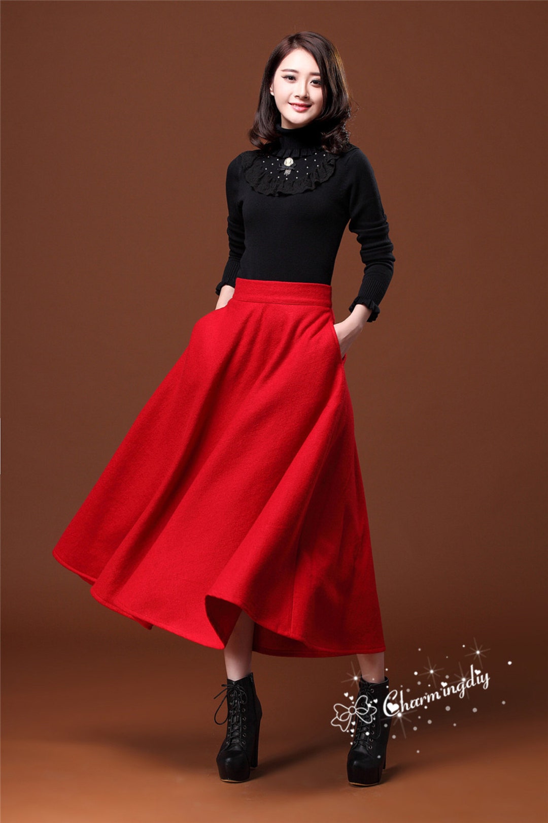 7 Colors Autumn Red Wool Skirt Long Woolen Wool Party Skirt Evening ...