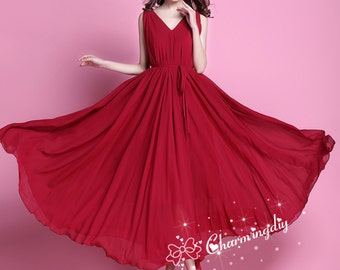 Chiffon Burgundy Maxi Dress: V-Neck Long Bridesmaid Gown