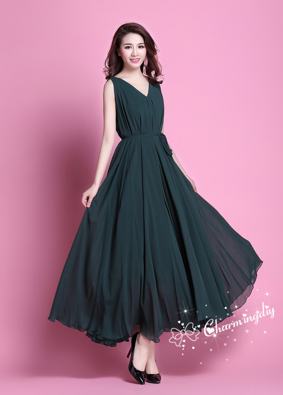 Dark Green Chiffon Maxi Dress: Evening Party Wedding Bridesmaid - Etsy