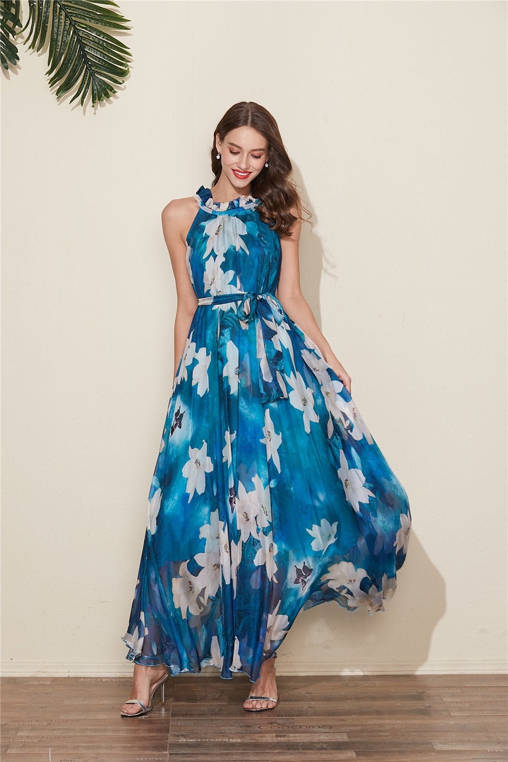 Floral Chiffon Maxi Dress: Blue Green Bridesmaid Gown - Etsy