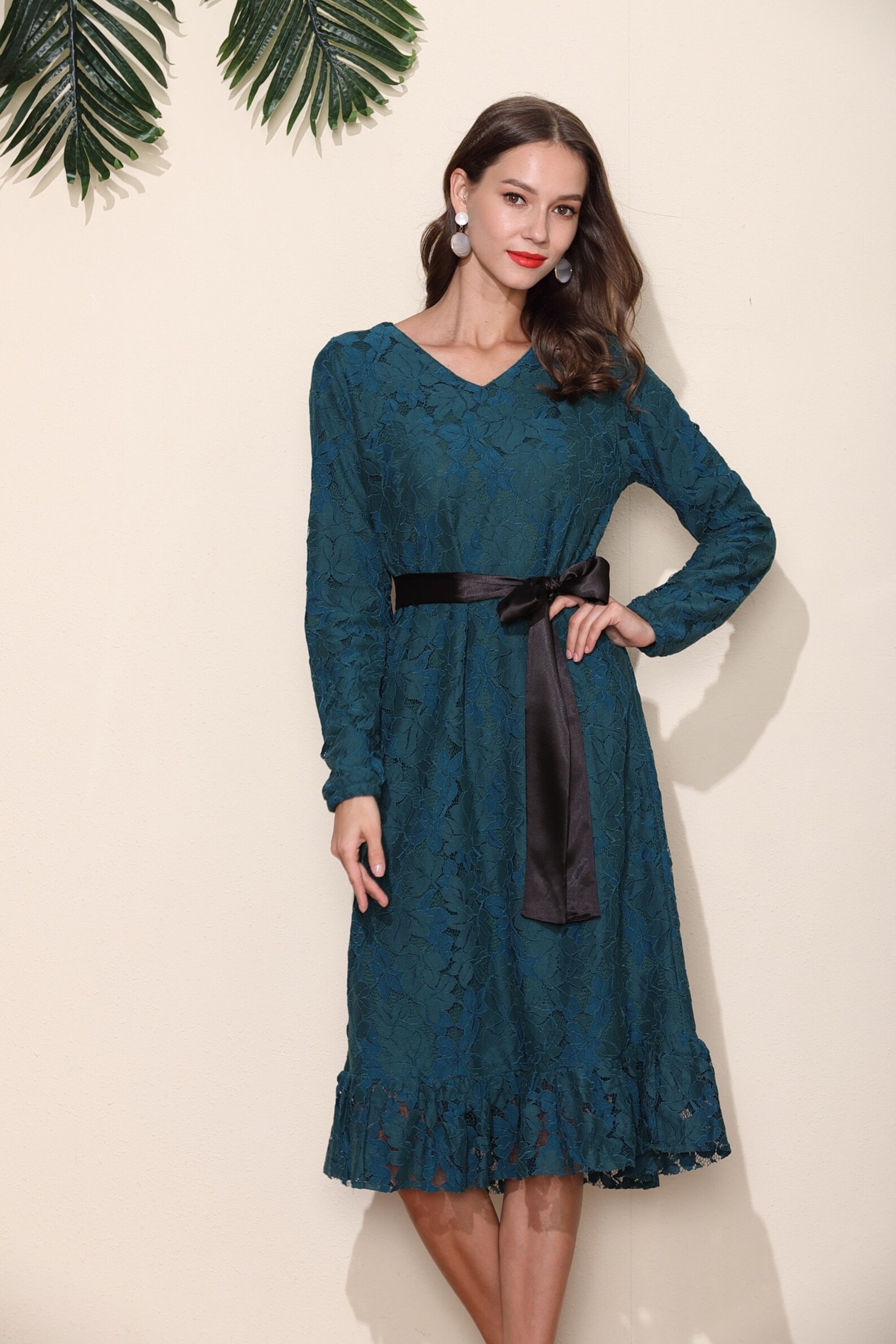 Women Green lace party dress evening gown