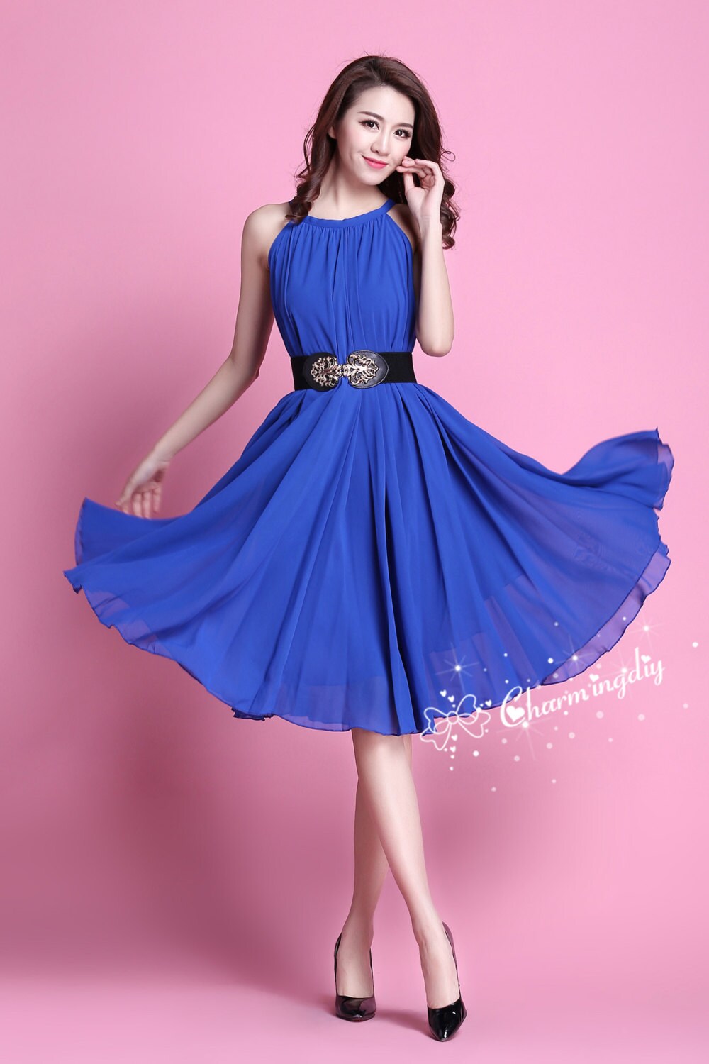 blue chiffon dress knee length NY Collection Women's Blue Chiffon Knee-Length Midi Dress Petite Size PS