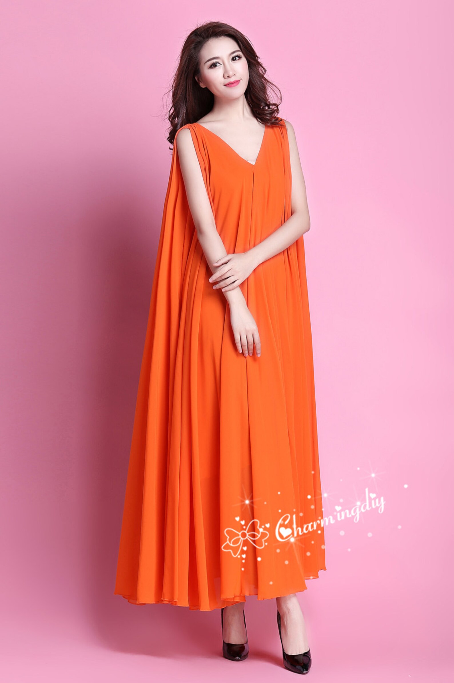 Full Length Chiffon Dresses with Bow Orange main image 0
